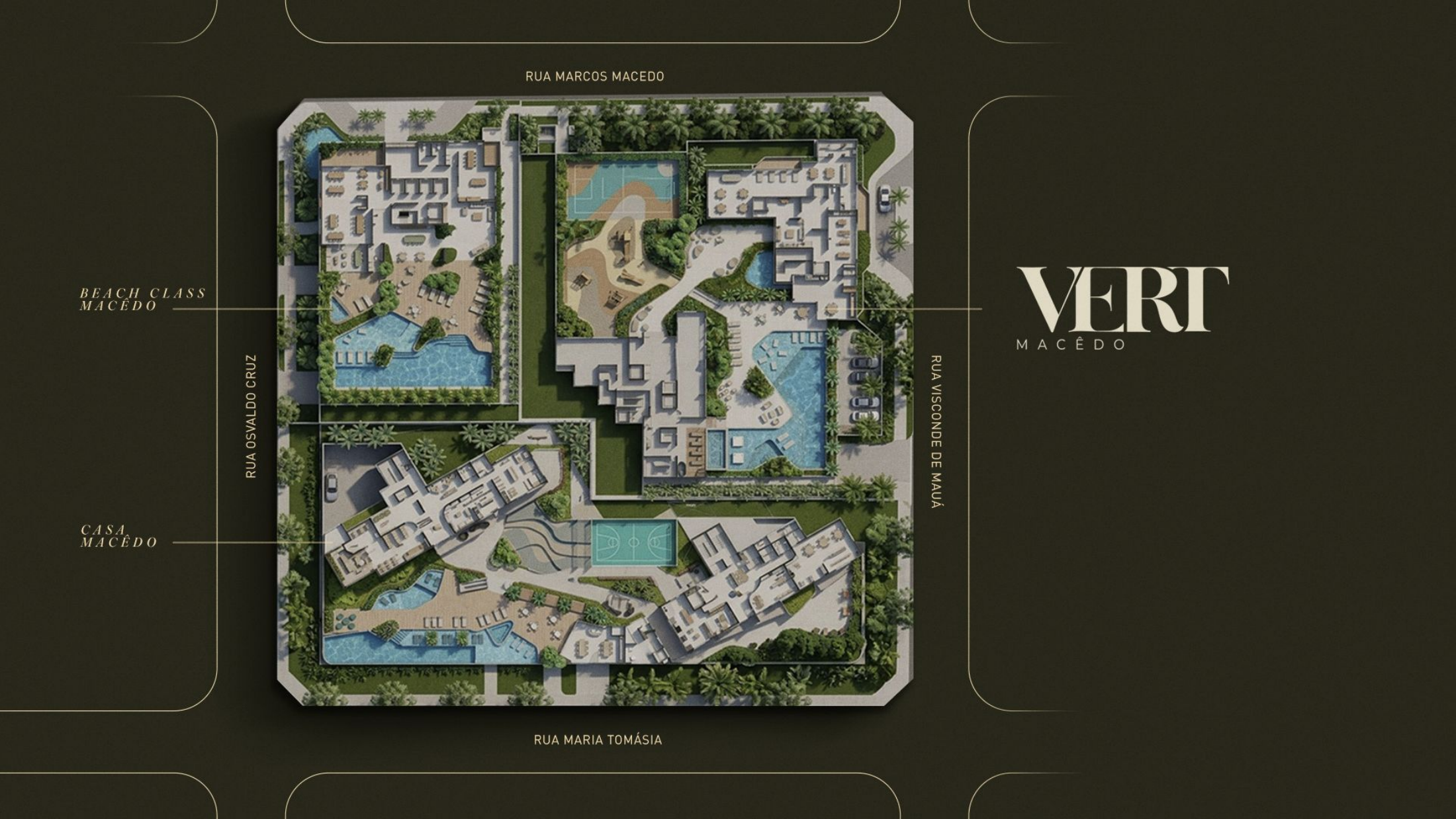 Vista aérea do masterplan do conjunto Macedo, com torres, piscinas e áreas verdes.